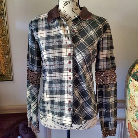 Vintage Cotton Leather And Lace Plaid Western Shirt - Picture 2 of 12